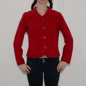 Y2k red leather jacket with ruffles button up size medium christopher & banks